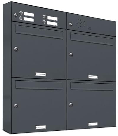 AL Briefkastensysteme 4er Briefkastenanlage mit Klingel Anthrazit Grau RAL 7016, Premium Briefkasten DIN A4, 4 Fach Postkasten modern Aufputz