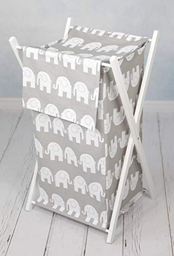 BABY LAUNDRY BASKET NURSERY HAMPER BAG STORAGE BIN WITH REMOVABLE LINEN 70 LITRE WHITE WOOD FRAME (Elephants grey)