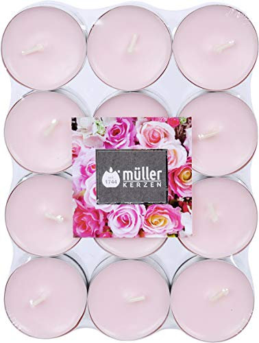 Müller 192 Duft Teelichter – Englische Rose – 4 Stunden Brenndauer – Ø39 mm – Farbe Rosa – Premium English Rose Duftkerzen – Gegossenes Wachs – RAL Qualität