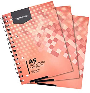 Amazon Basics cahiers à spirales 100 feuilles/ 200 Pages 80 g/m² Format A5, 3 pièces, Rouge
