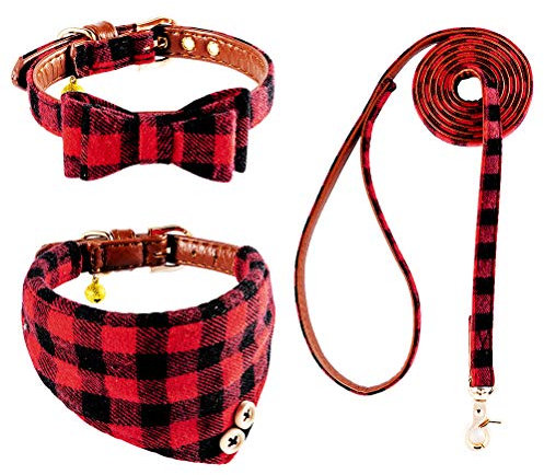 EXPAWLORER Hundehalsband mit Leine - Einstellbarer Hundehalsband mit Tuch Fliege und haltbarer weicher Hundeleine, moderner Halsband und Leine Set für Katze kleine mittelgroße große Hunde, Rot S