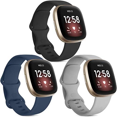 Vancle 3 Pack Armband Kompatibel mit Fitbit Versa 3 Armband/Fitbit Sense Armband, Weich TPU Sport Ersatz Armbänder Damen Herren für Fitbit Versa 3/Sense (L, Schwarz/Marineblau/Grau)