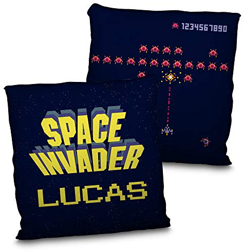LolaPix Space Invaders-Kissen. Personalisiertes Kissen mit Namen. Personalisiertes Geschenk für Geeks. 100% beidseitig Bedruckt. Inklusive Füllung. Verschiedene Größen. Weltraum-Invasoren