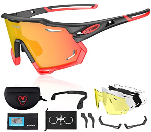 X-TIGER Fahrradbrille Polarisiert Sonnenbrille mit 5 wechselgläser TR90 Rahmen für Herren Damen Sport Radfahren MTB Radbrille UV400 Skifahren Fahren Angeln Baseball Laufen Sportbrille