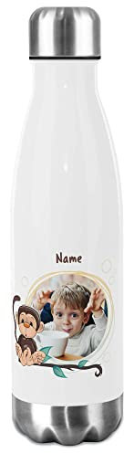Trinkflasche für Kinder selbst gestalten mit Foto & Name, Affe-Motiv - Thermosflasche, Wasserflasche BPA-frei, Schule, Sport, Kita I Personalisiertes Geschenk für Mädchen und Jungen, Weiß 500 ml