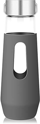 RYACO Glass Water Bottle BPA-Free 780ml Leak Portable Proof with Sponge Brush Ideal for Hot Cold Drinks Home Office Travel Sport Yoga Gym (Grey)