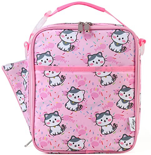 Kasgo Lunch Bag for Kids, Reusable Insulated Lunch Box Cute Packed Lunch Bag with Shoulder Strap Water Bottle Holder Mini Cooler for Girls, Pink Kitten