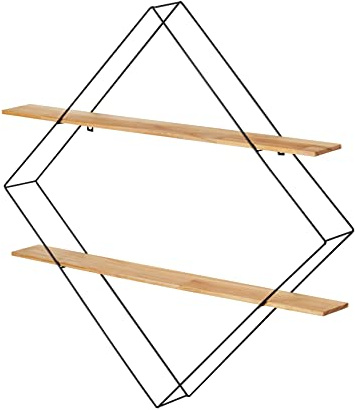 WENKO Wandregal Geo, eckiges Regal, Rahmen aus schwarz lackiertem Metall in Form Einer Raute, mit 2 Regalböden aus natürlichem Kiefernholz, Industrial-Design, 56 x 56 x 10 cm, Schwarz/Braun