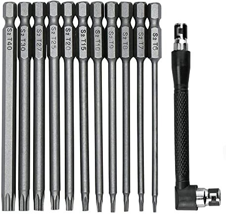 Fixinus Lot de 11 embouts de tournevis Torx longs, tige hexagonale magnétique 1/4, acier S2, 75 mm de long, embouts Torx de sécurité T6-T40, avec porte-embout de tournevis coudé en L
