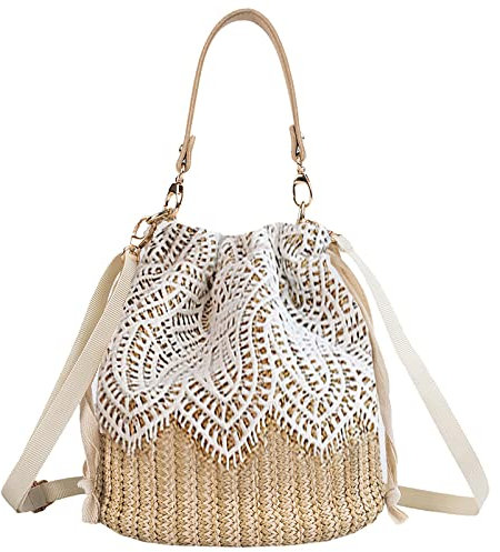 Anopo Stroh Schulter Tasche Lace String Handtasche Wicker Woven Sommer Rattan Strand Boho Urlaub Eimer