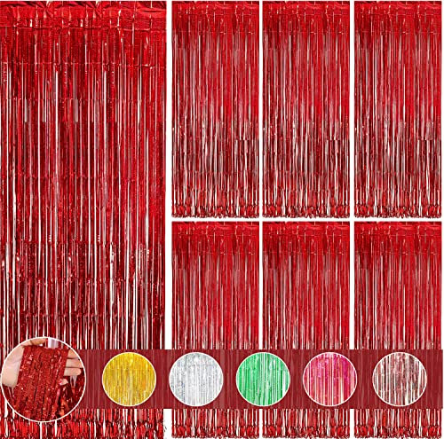 Gohytal Lametta Vorhänge Rot, 6 Stück Metallische Lametta Vorhänge Weihnachtsdeko,Metallic Glitzer Tinsel Curtain Folienfransen Vorhange Hintergrund für Weihnachten Party Neujahr Geburtstag Dekoration