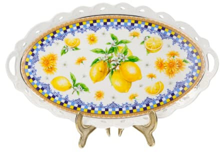 Keyhomestore-Vassoio decorativo realizzato in ceramica, Lunghezza 38 cm, decorato con Limoni e Fiori, colore giallo, su sfondo bianco, ideale per la cucina.