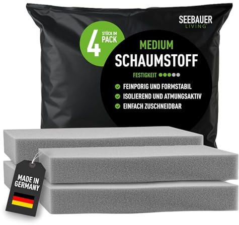 SEEBAUER living Schaumstoff-Set MEDIUM RG 35/40 (Mittelfest) 30 x 30 x 2 cm (4er Vorteilspack) Schaumstoffplatte für Polster und Sitzkissen, Polsterschaumstoff als Zuschnitt für Sitzpolster