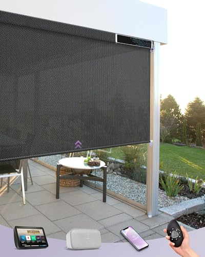 Graywind Motorized Outdoor Shades for Patio, Work with Alexa & Google, Solar Powered Electric Roller Shades for Outside, Custom Size (1% Openness, Black)