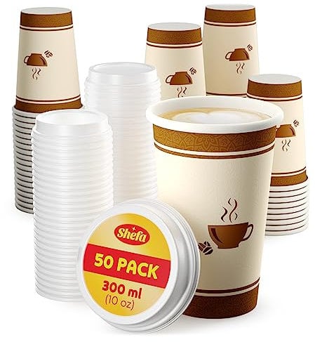Shefa 10oz, 50 Coffee Cups with lids - Paper Cups for Hot Drinks or Cold Drinks, Hot Cup Takeaway for Coffee Shops - Heat-Resistant Cup, BPA-Free Paper Coffee Cups - Hot Drink Cups
