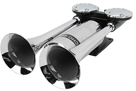 12V/24V Truck Train Air Horn, 300DB Super Loud Car Horns Kit, Double Tube, Silver Fashionable Appearance, Zinc Alloy Chrome Plated Double Tube Amplifier for Vehicles, Trucks, Suvs, Rvs