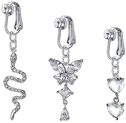 Lucktao 3er Fake Bauchnabelpiercing Clips On Kein Piercing Falsche Bauchnabel Ring Fakepircings für Damen Fake Bauchnabelpiercing,Bauchnabel Rings Klemme Silber Kein Piercing Schmuck.…