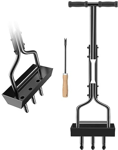 vanpein Lawn Aerator Coring Tool Plug Aeration Manual 3 Core with Core Collection Storage Box, Hollow Tine Plug Core Aerators for Compacted Soils and Lawns Yard Garden, Black-3 Tine