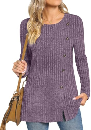 TAOHUADAO Women's Long Sleeve Jumpers Crewneck Tunic Tops with Button Sides Loose Casual Fall Sweater Shirts for Leggings 2XL, Purple