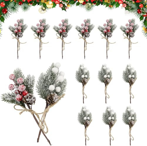 ZIOYA Künstliche Weihnachtsbeeren 12 Stück Künstliche Kiefer Gepflückte Weihnachtsbeeren Rote Stechpalmenbeeren Tannenzapfen Perfekt für DIY Weihnachtsfeiertagsheimdekoration (9.05 * 4.33inch)