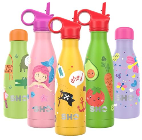 SHO Kids Bottle - Ultimate Insulated, Double Walled Stainless Steel Vacuum Flask & Water Bottle - 12 Hours Hot & 24 Hours Cold - 260ml, 375ml - BPA Free (Ahoy Adventure with Straw Lid, 375ml)