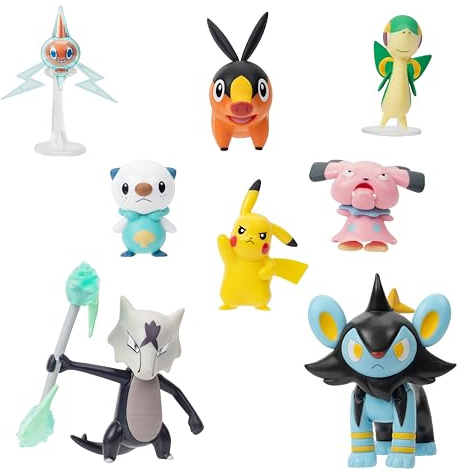 Jazwares PKW - Battle Figure Multipack (8PK: Tepig, Oshawott, Snivy mit Ständer, Rotom mit Ständer, Pikachu #5, Snubull, Alolan Marowak, Luxio) W12