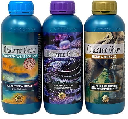 Madame Grow - Kit Florwest - Organische Düngemittel - Fördert die Blüte, unterstützt die Leistung und gesundes Wachstum - Bazooka Bloom, Caribbean Algae und Bone & Muscle - je 3 x 1 Liter