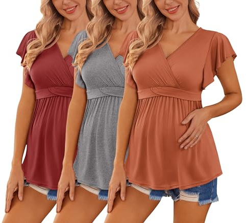 Ekouaer Maternity Shirts 3 Packs Flying Short Sleeve Nursing Tops Pregnancy Clothes Caramel+Grey+Wine red M