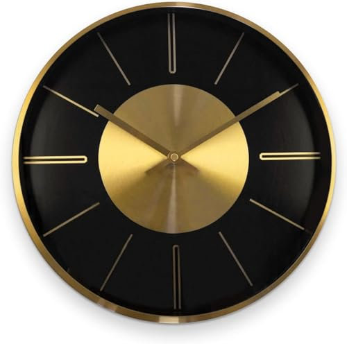 K&L Wall Art 40 cm Große Metalluhr ohne Tickgeräusche leise Wanduhr für Wohnzimmer Büro Schwarz Gold Aluminium Uhren
