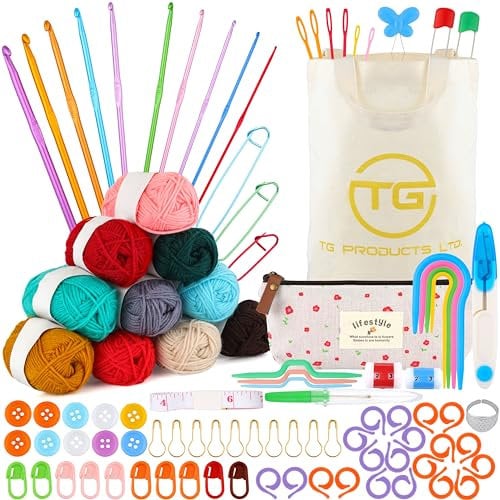 Crochet kits for beginners adults , Crochet kit 96 Pcs , 10 crochet hooks 2-6.5mm and more | Beginner crochet kit for Adults and Children | Set with Storage Bag, Wool and Knitting Accessories