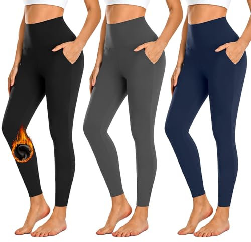 FuelMeFoot 3er Pack Thermo Leggings mit Taschen gefüttert Leggings Damen High Waist Leggins Warm Winter. 02-Schwarz/Dunkelgrau/Navy S/M