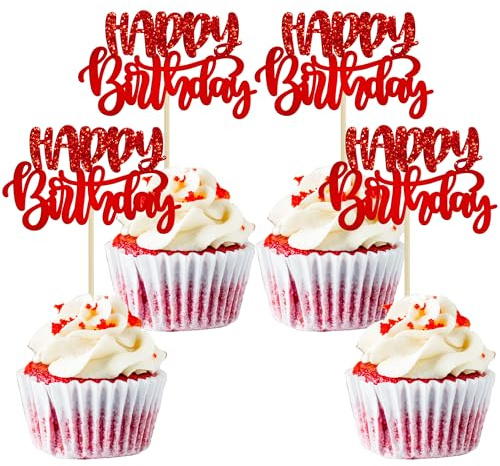 Gyufise 24Pcs Happy Birthday Cupcake Toppers Glitter Double Layer Birthday Cupcake Picks for Celebrating Baby Shower Theme Kids Boys Girls Anniversary Party Cake Decorations Supplies Red