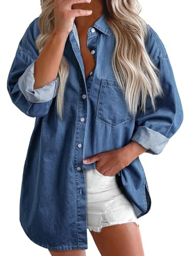 Chemise classique en jean à manches longues et col inversé pour femme, style boyfriend, style boyfriend, chemisier décontracté polyvalent pour toutes les occasions, Bu2., L