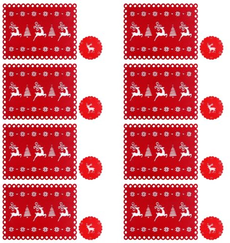 Platzsets Weihnachten Filz Hillylolly Weihnachtstischsets, Platzdeckchen Weihnachten für 8 Personen, Weihnachtstisch Untersetzer, Inklusive 8 Tischsets(40x30cm), 8 Untersetzer (10x10cm)
