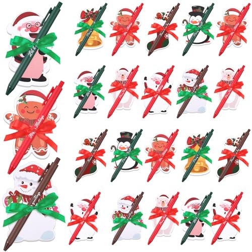 Sinmoe 24 Weihnachtswintergeschenke Set 24 Weihnachten Haftnotizen 24 Weihnachts Kugelschreiber 2 Rot Dunkelgrün Satin Band für Studierende Kollegen Lebkuchen Rentier Notizblock für Partygeschenke