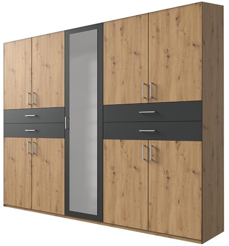 Lomadox Kleiderschrank mit Spiegel, 225 cm breit Garderobenschrank Wardrobe Schlafzimmerschrank Schrank modern in Eiche mit Graphit