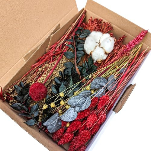 Trockenblumen Mix Box Verschiedene Sorten in Rot Grün Gold zum dekorieren und basteln (Größe L: 35 x 25 x 5 cm)