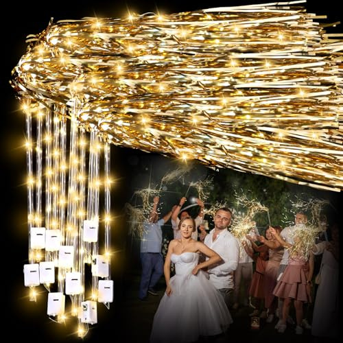 Simgoing Beleuchtete Hochzeits-Feenstäbe, LED-Folie, Lametta, Hochzeitsstäbchen, leuchtet im Dunkeln, blinkende Zauberstäbe, Wunderkerzen für Geburtstagspartys, goldfarben, 48 Stück