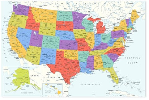 Postereck - 4085 - USA-Karte: Bundesstaaten, Städte & Gewässer. - Wandposter Fotoposter Bild Wandbild Wanddeko deko - Poster - DIN A2-42,0 cm x 59,4 cm