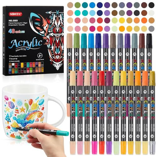 Sinmoe 24 Pcs 48 Colors Acrylic Paint Pen Ceramic Pen for Pottery Mugs Double Head Paint Markers Pens Rock Painting Pens for Glass Stone Wood Metal Fabric DIY Valentine Gift (Various Color)