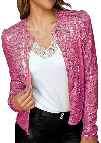 EFOFEI Donna Blazer Elegante Matrimonio Blazer Crop Maniche Lunghe Giacca Paillettes Totali Apertura Anteriore Rosa S
