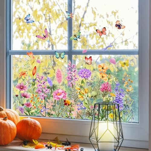 Spring Window Stickers for Glass Double Sided Flower Window Clings Butterfly Stickers Electrostatic Glass Door Stickers Window Decals for Home Decorations (Style 2)