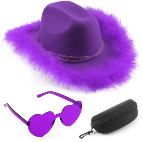 DRESHOW Cowboyhut Damen mit Feder Cowgirlhut mit Herzbrille Brillenetui Set Flauschige Westernhut Cowgirl Hüte Cowboy Kostüm Accessoires für Party Halloween Karnevalsfeiertage