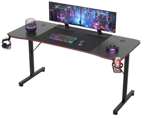 JUMMICO Tavolo da gioco grande, scrivania da gioco, scrivania per computer, postazione di lavoro, portabicchieri, 160 x 60 cm, nero