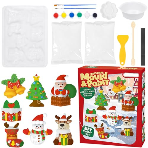 Bastelset Weihnachten, Gipsfiguren zum Bemalen, Weihnachten Gipsgießen Set mit 7 Muster, Gips Giessen Malset, Gips Figuren zum Bemalen, Weihnachts Basteln, Kreatives Selber Gießen Malset Geschenk