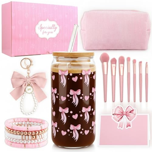 Gifts for Girls Teenagers 9 10 11 12 13 14 15 16 Years, School Birthday Gift, Girls Glass Cup with Straw and Lid, Cosmetic Bag, Makeup Brush, Bracelet, Key Ring