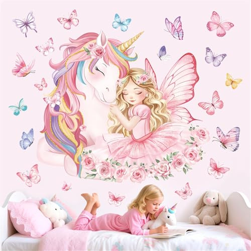 decalmile Wandsticker Einhorn Prinzessin Wandtattoo Rosa Schmetterling | Abziehbare und Aufklebbare Wandaufkleber, DIY Abnehmbare Wandkunst Abziehbilder, Wandfreundlich, Leuchtenden Farben