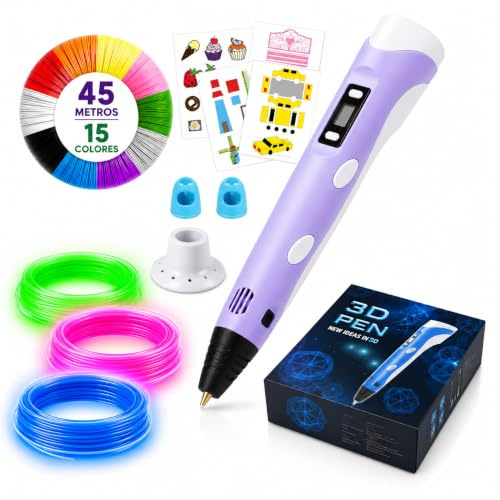 Penna 3D di precisione | Kit completo con 45 m di filamento PLA (15 colori) 3 fluorescenti | Velocità regolabile | Strumento per fai da te e riparazioni Pen 3D