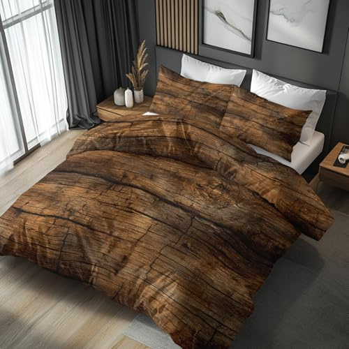 Generisch Holz Bettwäsche 135x200 2er Set Mit Vintage Landhausstil Muster, Bettbezug Set Bügelfreie Bettwäsche Mit Reißverschluss, Kissenbezug, Holz Deko