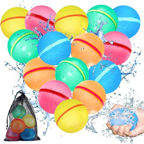 SaiXuan Wasserbomben Wiederverwendbar 15 Stück in 5 Farben, Magnetische Silikon Wasserbälle mit Netzbeutel, Selbstschließende Wasserballons für Kinder, Pool Spielzeug, Strand, Garten und Sommerparty